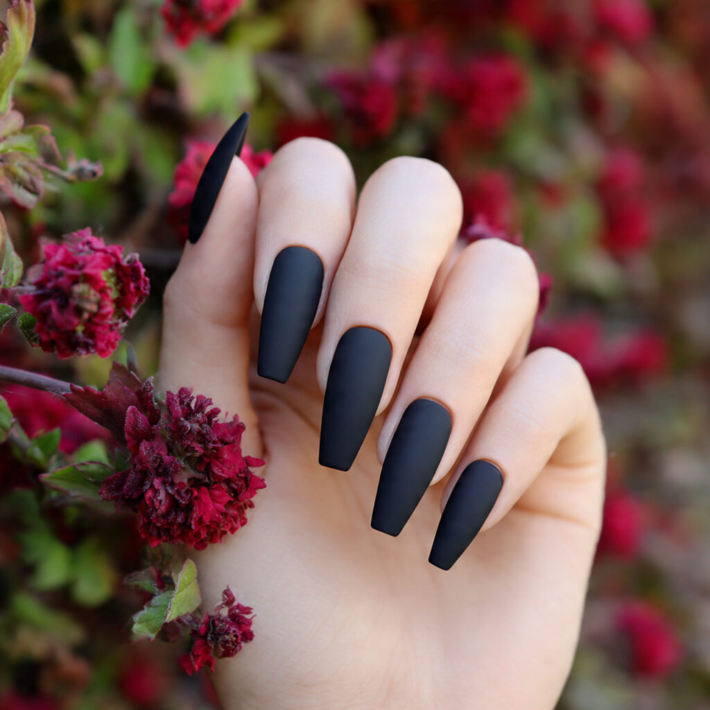 attractive matte black coffin nails with outdoor b