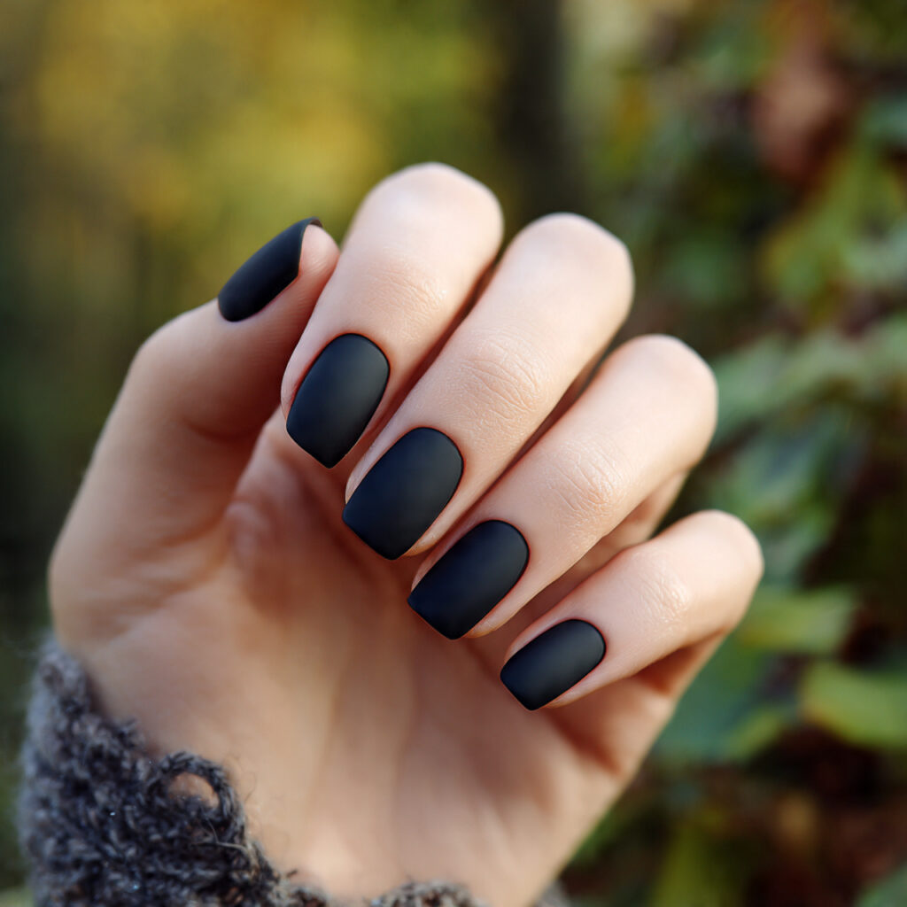 Short Dark Nails: Bold, Chic & Effortlessly Cool 6 attractive matte black short nails with outdoor ba
