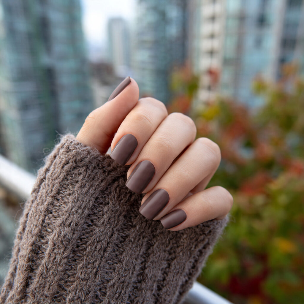 Short Nails Brown: 12 Cozy, Chic & Effortlessly Aesthetic Ideas 5 attractive matte mocha short nails with outdoor ba