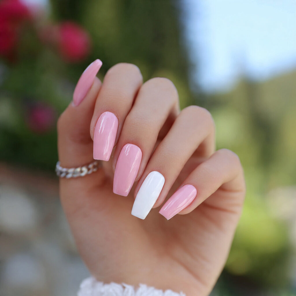 attractive matte pink and white nails with outdoor 1