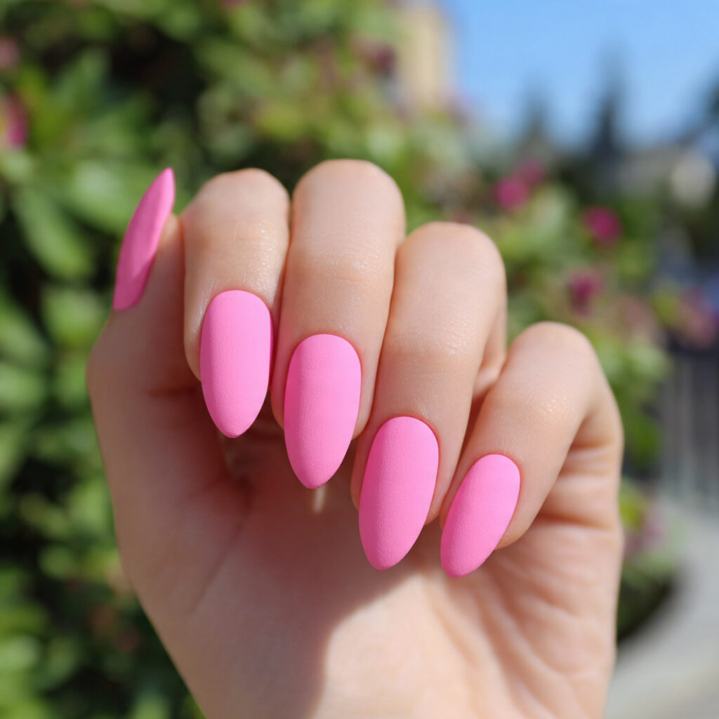 Nails Inspo Pink: The Dreamiest Looks You’ll Want to Copy 10 attractive matte pink nails with outdoor backgroun 1