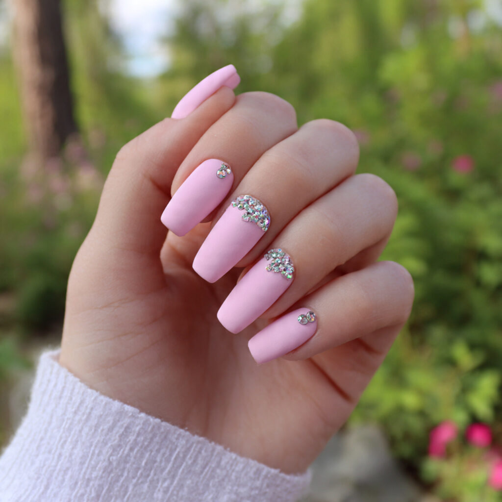 Pink and Silver Nails: Soft Glam Meets Sparkle 12 attractive matte pink with silver rhinestones nail