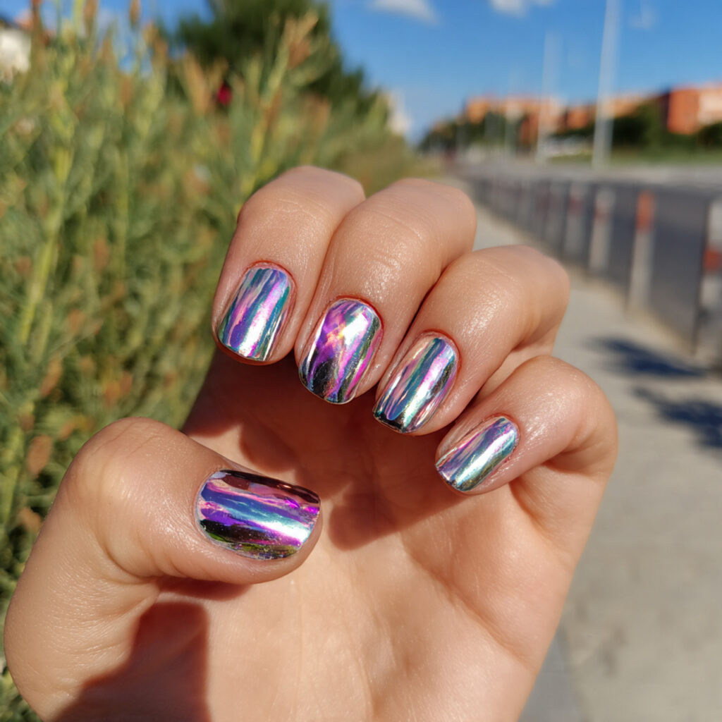 attractive metallic funky short nails with outdoor