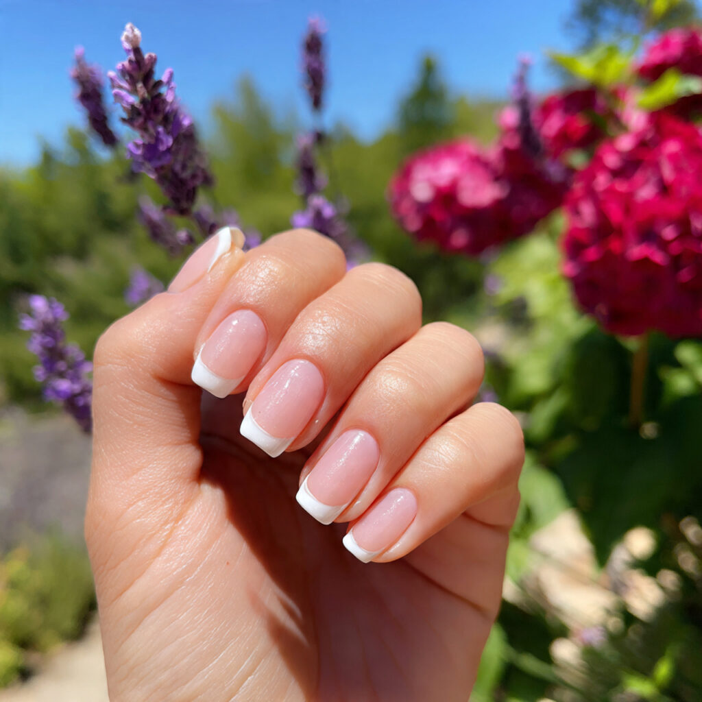 attractive micro french tip nails with outdoor bac