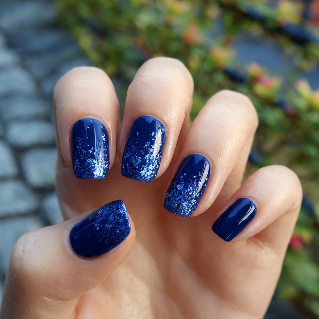 Short Dark Nails: Bold, Chic & Effortlessly Cool 3 attractive midnight blue short nails with outdoor