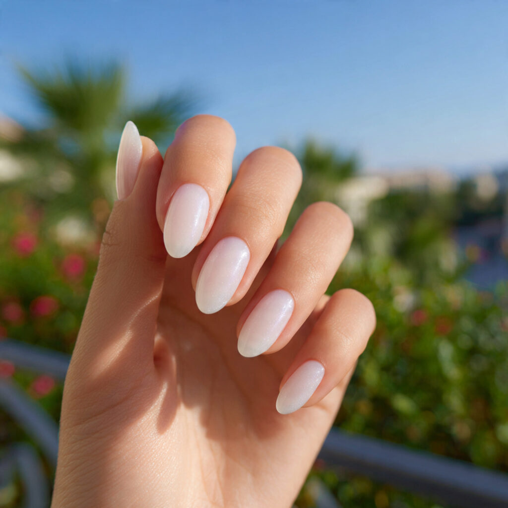 Nail Ideas for Short Nails: Cute, Aesthetic & Effortlessly Pretty Looks 1 attractive milky nude gloss nails with outdoor bac