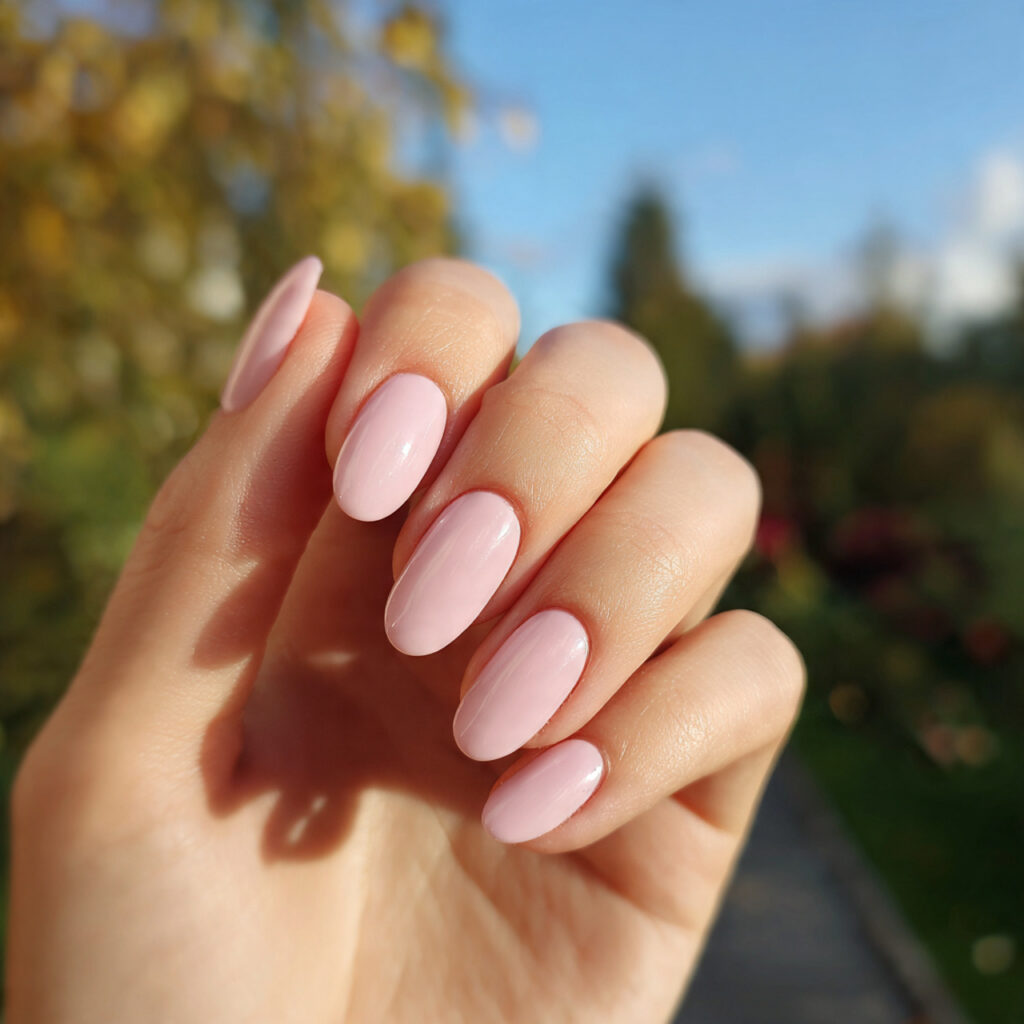 attractive milky pastel pink nails with outdoor ba