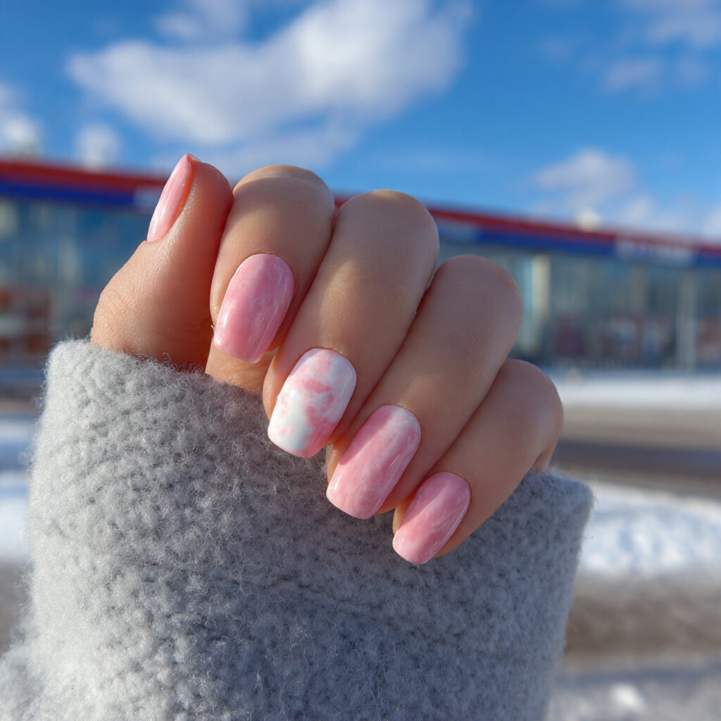 attractive milky pink and white nails with outdoor 1