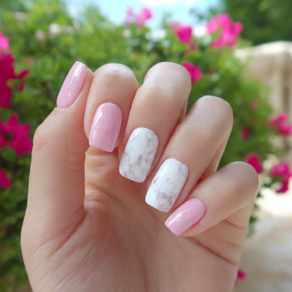White and Pink Nails: 14 Soft, Dreamy Designs You’ll Want to Copy 1 attractive milky pink and white nails with outdoor