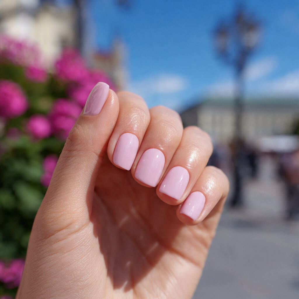 Pink Gel Nails: 12 Glossy, Dreamy & Totally Addictive 1 attractive milky pink gel nails with outdoor backg