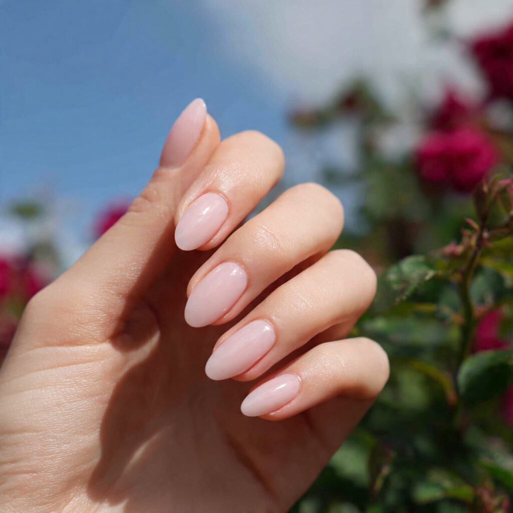 Pink Nude Nails: 12 Soft, Elegant & Effortlessly Addictive 1 attractive milky pink nails with outdoor backgroun
