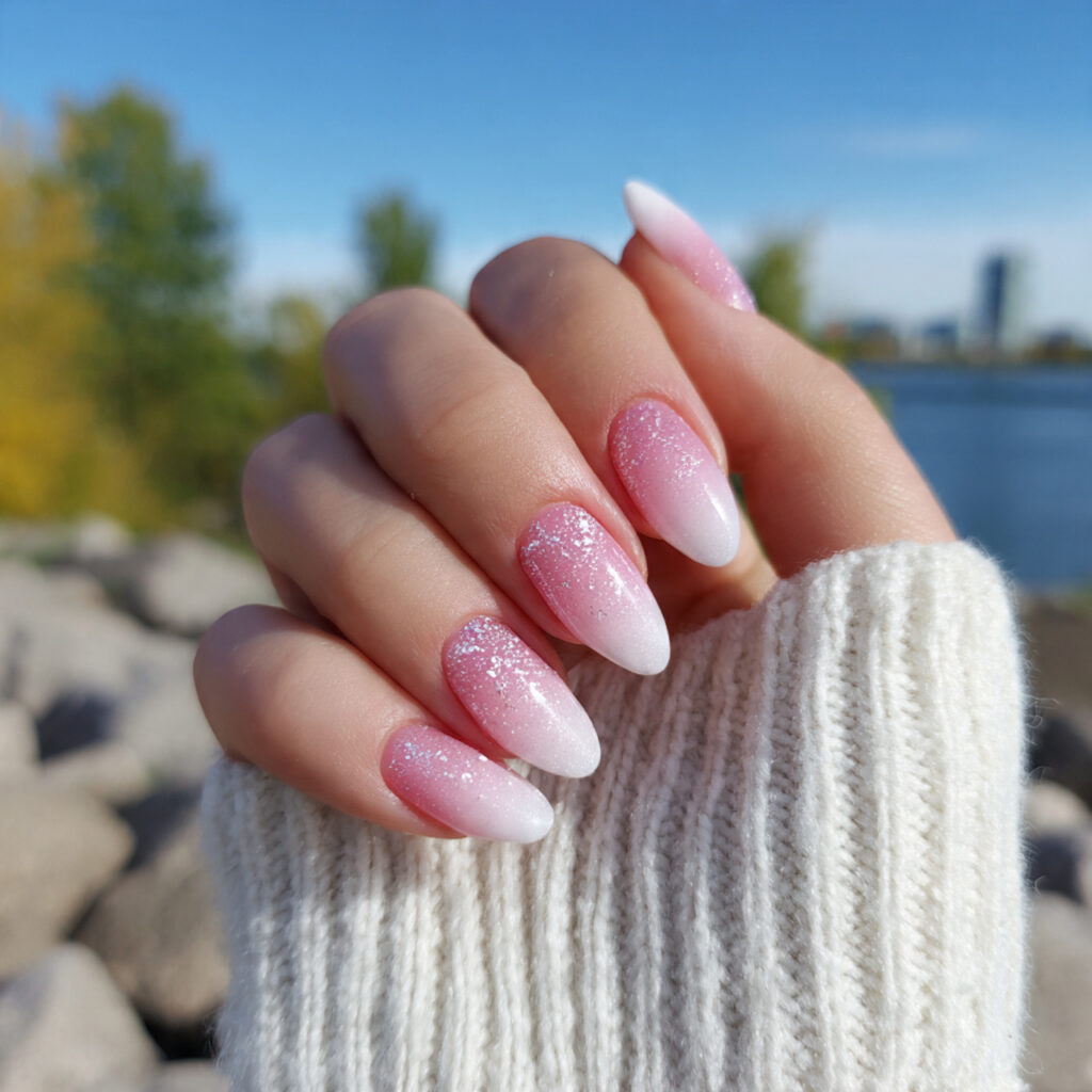 Pink and White Ombre Nails: Soft, Dreamy & Effortlessly Elegant Ideas 2 attractive milky pink ombre nails with outdoor bac 1
