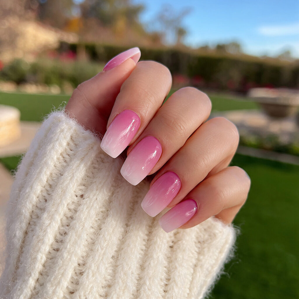 Short Ombre Nails: Soft Blends You’ll Keep Staring At 1 attractive milky pink ombre nails with outdoor bac