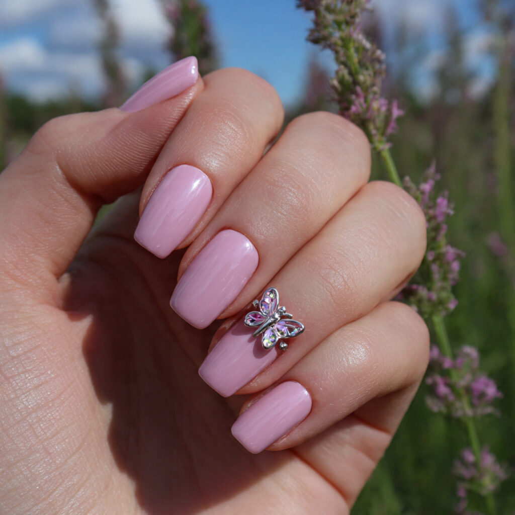 attractive milky pink short nails with butterfly c