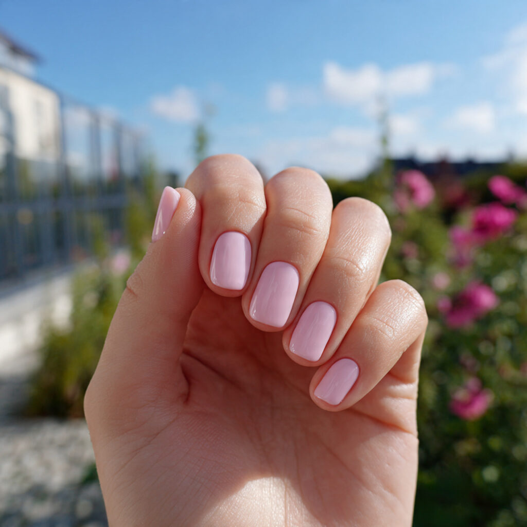 Short Nails Inspo Aesthetic: Cute, Clean & Effortlessly Pretty Ideas 1 attractive milky pink short nails with outdoor bac 1