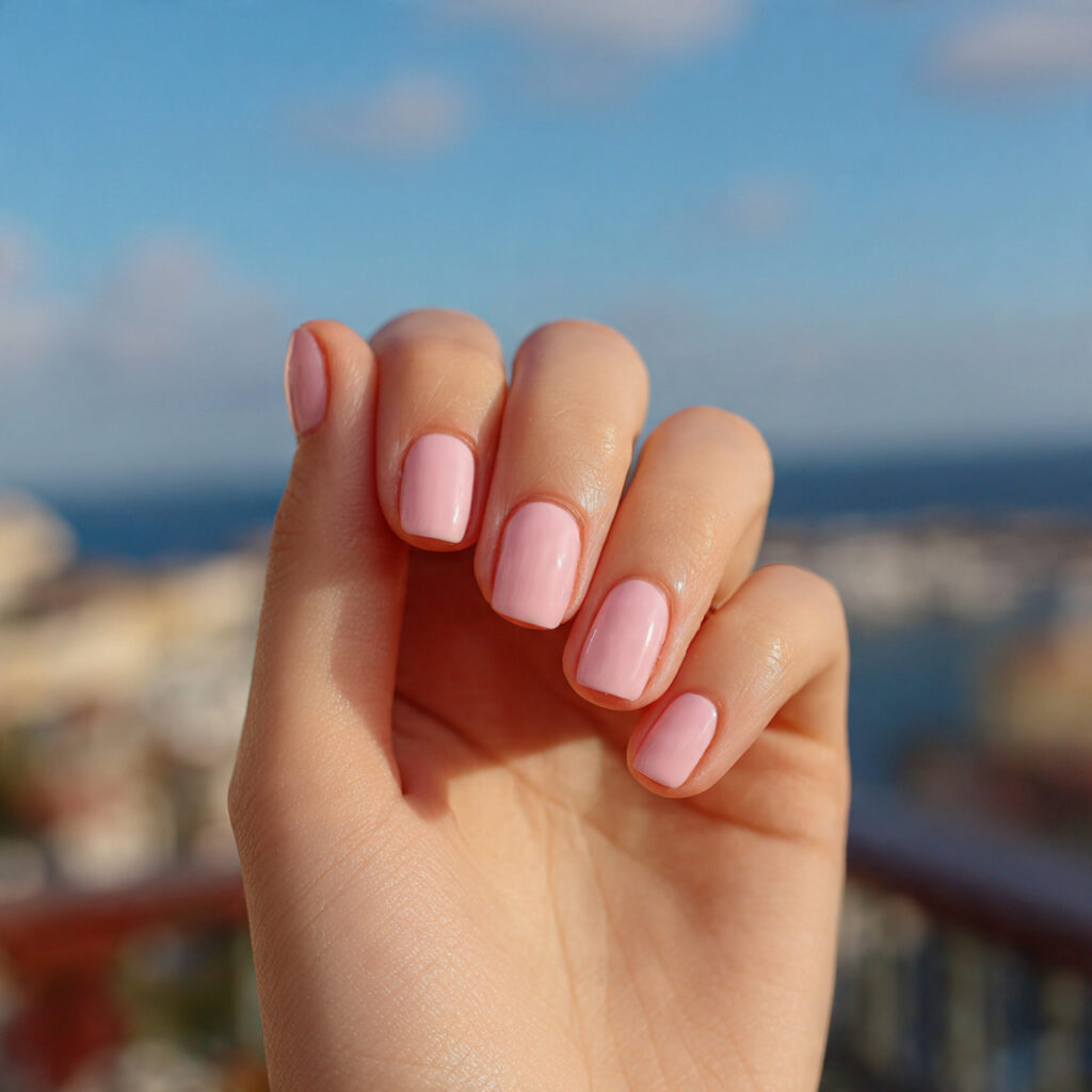 Short Nails Ideas Simple: 14 Cute & Effortless Looks You’ll Love 1 attractive milky pink short nails with outdoor bac