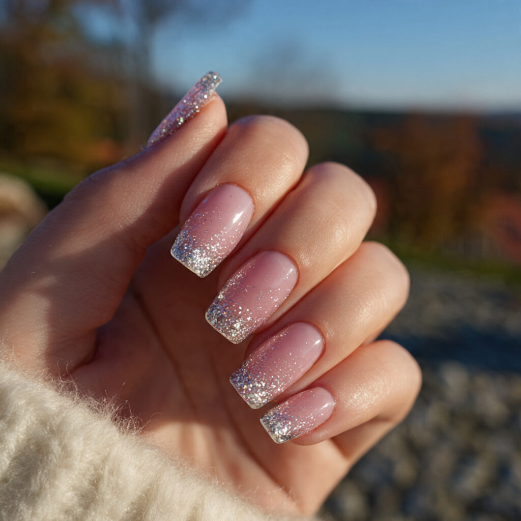 Pink and Silver Nails: Soft Glam Meets Sparkle 1 attractive milky pink with silver glitter tips nai
