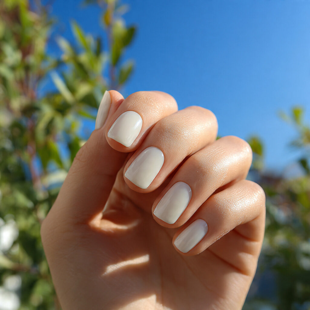 Really Short Nails: Cute, Clean & Effortlessly Aesthetic Ideas 1 attractive milky short nails with outdoor backgrou