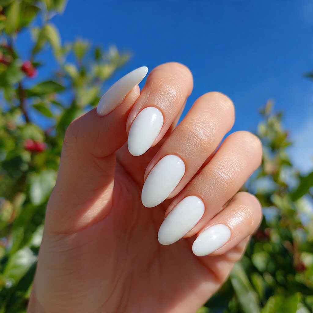 attractive milky white gloss nails with outdoor ba 3