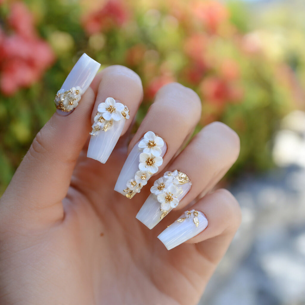 Nail Inspo 3D Flower: Soft Petals, Dreamy Details & Pure Romance 1 attractive milky white nails with 3d flowers with