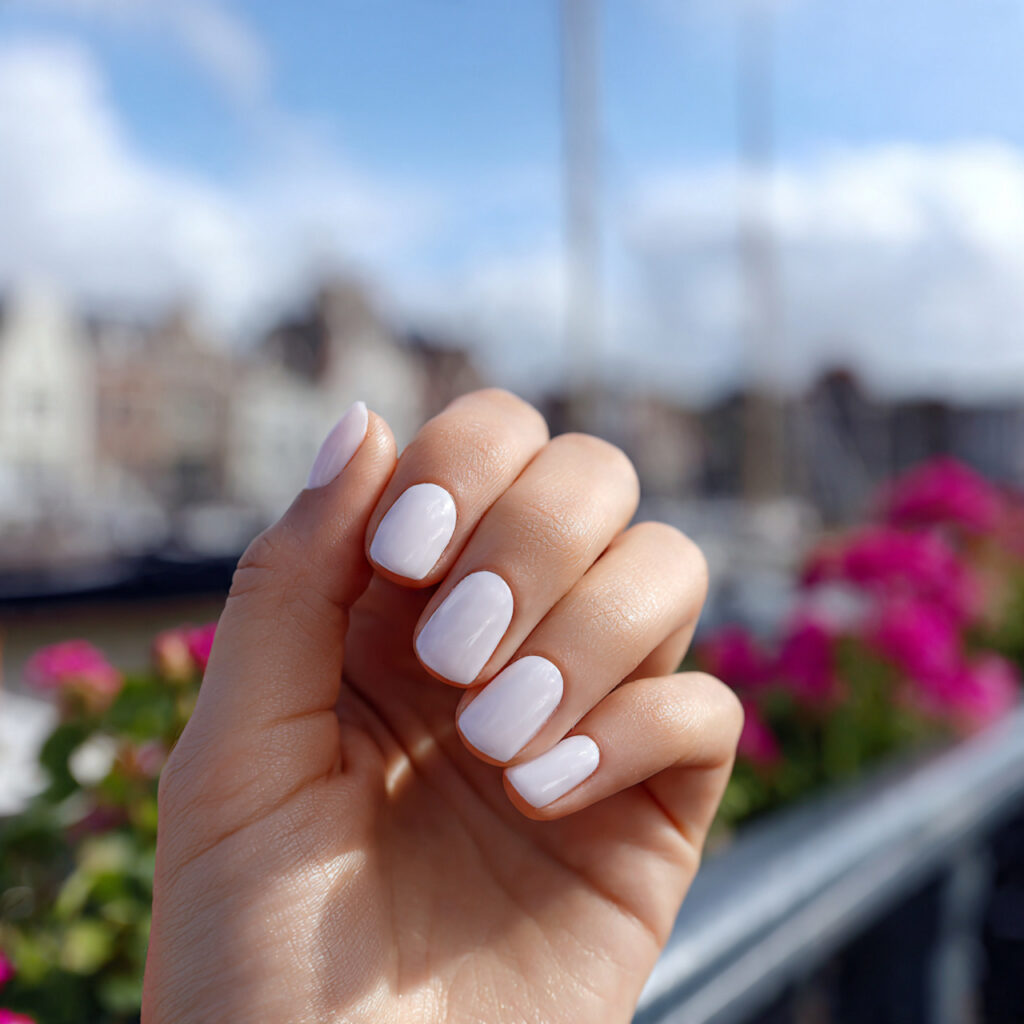 Nail Inspo Aesthetic: 14 Dreamy & Trendy Looks You’ll Want to Save 4 attractive milky white nails with outdoor backgrou
