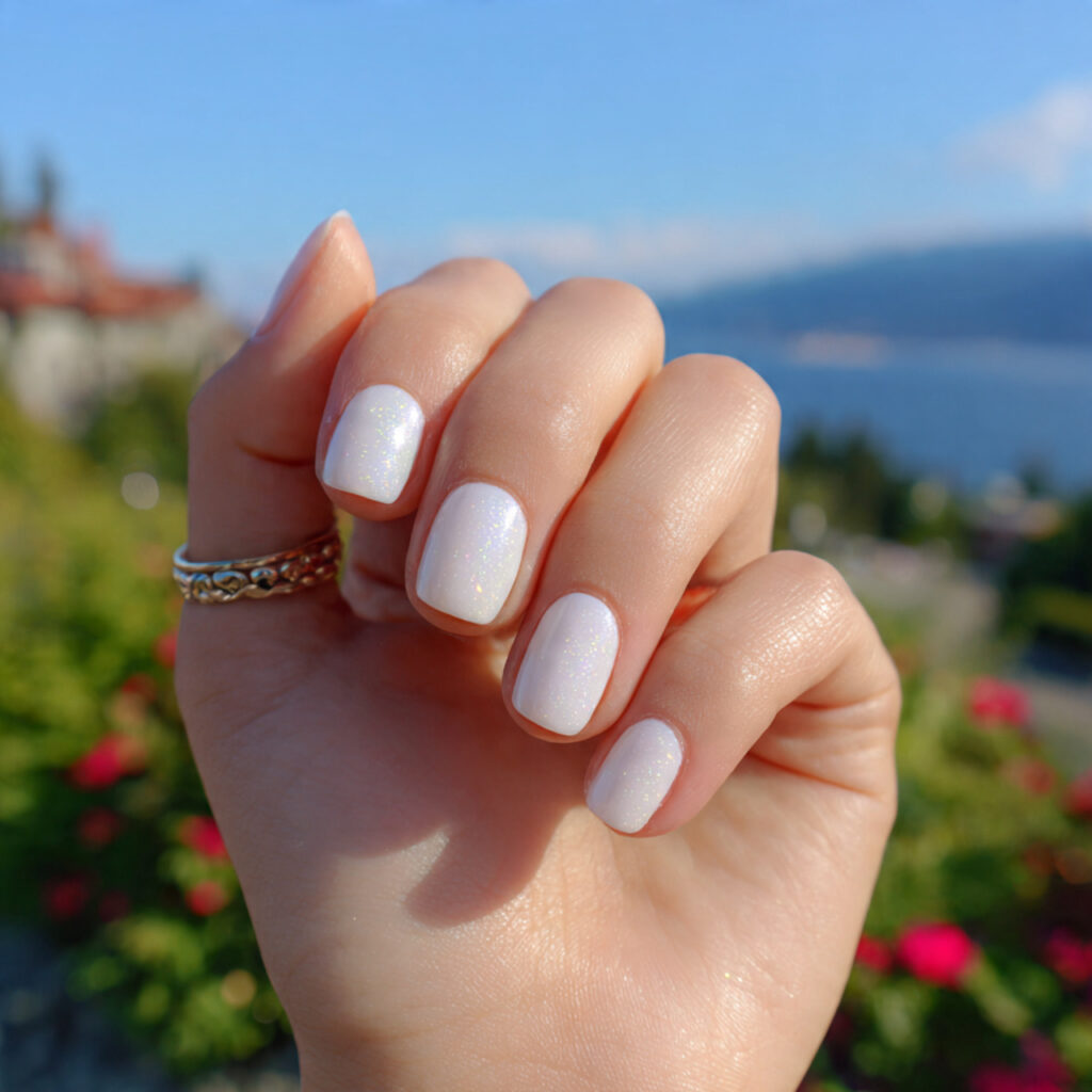 attractive milky white short nails with outdoor ba 1