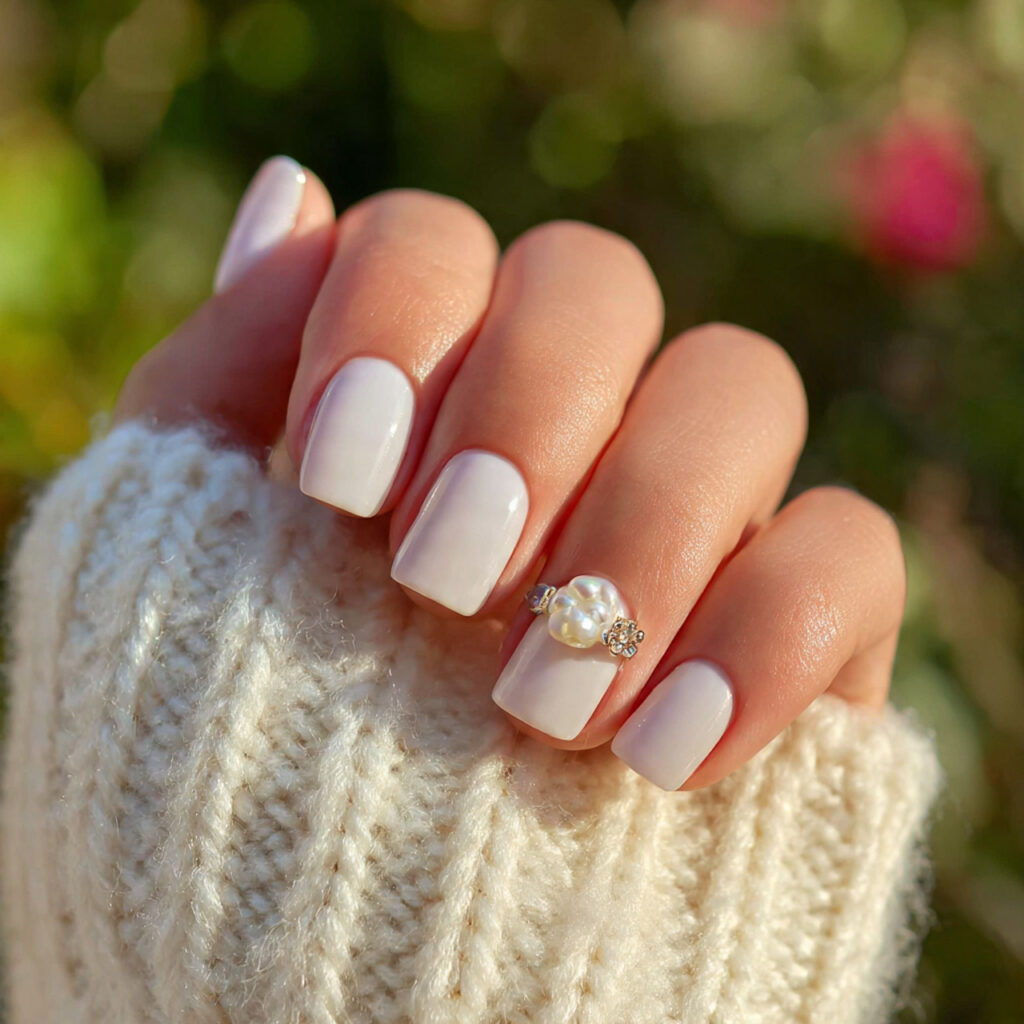 attractive milky white short nails with pearl char