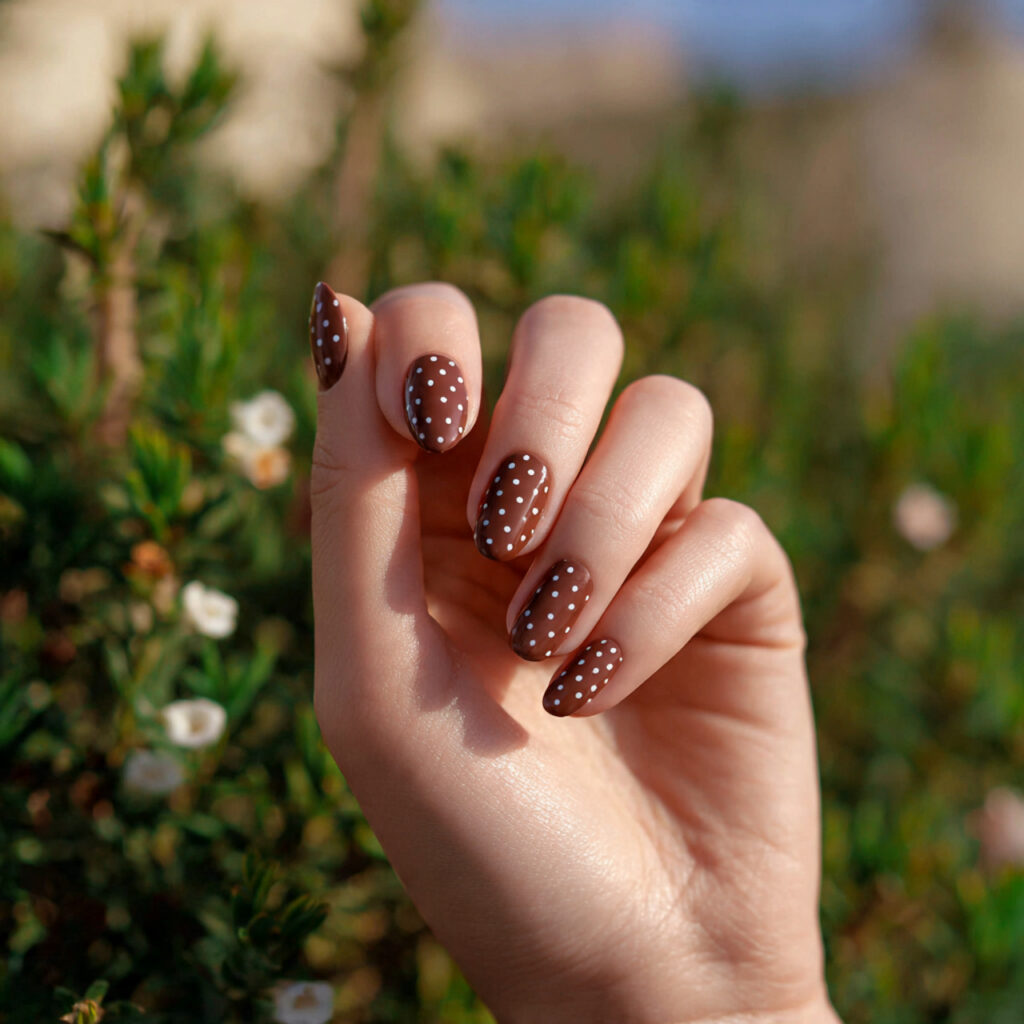 Brown Short Nails: Cozy, Chic Looks You’ll Want on Repeat 14 attractive minimal brown dot nails with outdoor ba