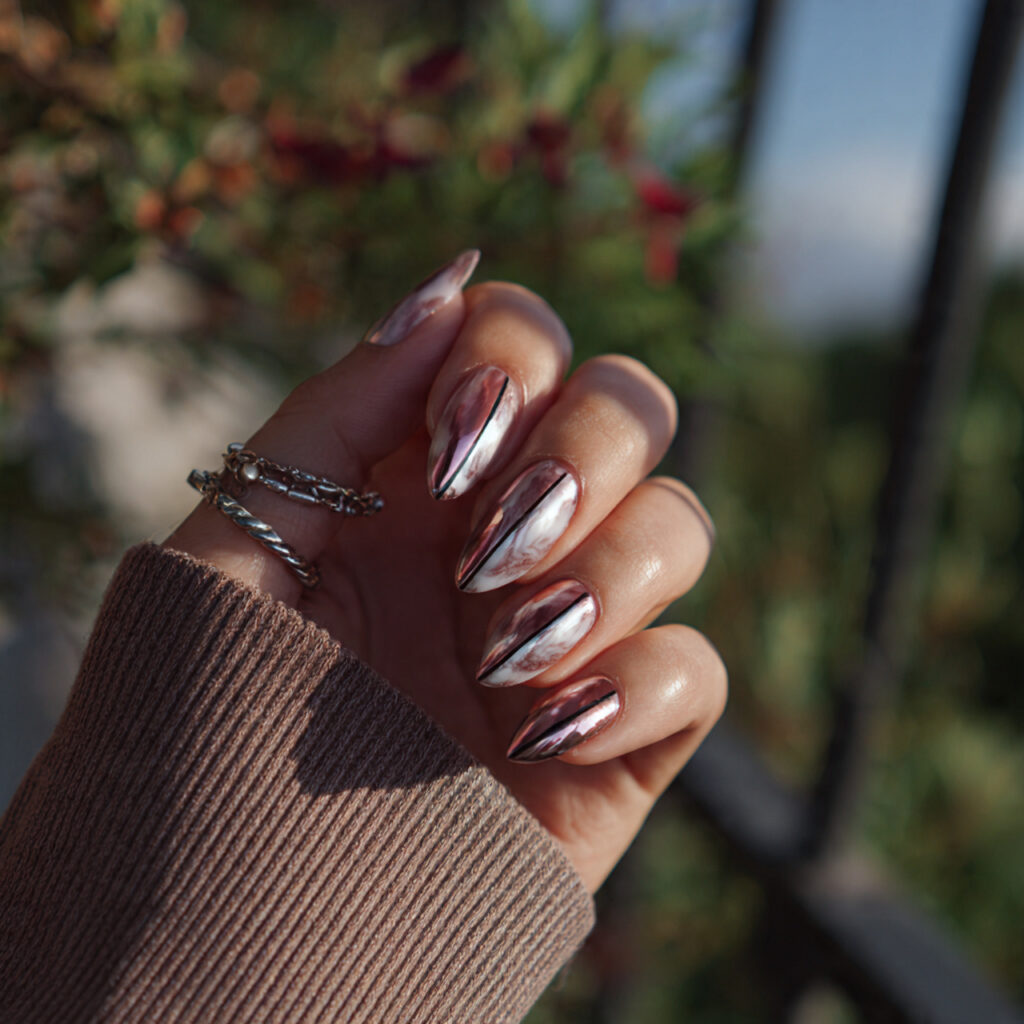 Nail Inspo Chrome: Glossy, Glazed & Next-Level Aesthetic Looks 12 attractive minimal chrome line nails with outdoor