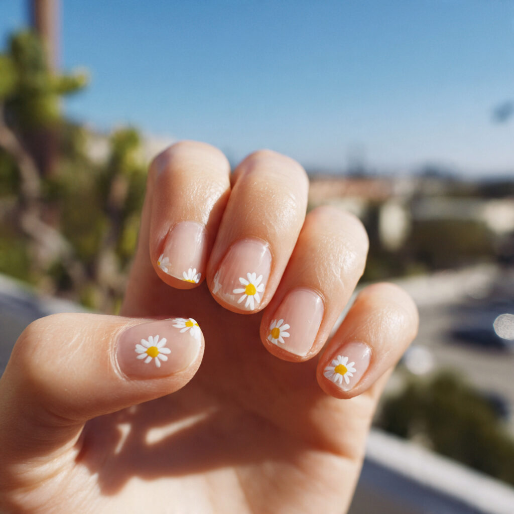 Short Nails Inspo Aesthetic: Cute, Clean & Effortlessly Pretty Ideas 4 attractive minimal daisy short nails outdoor backg