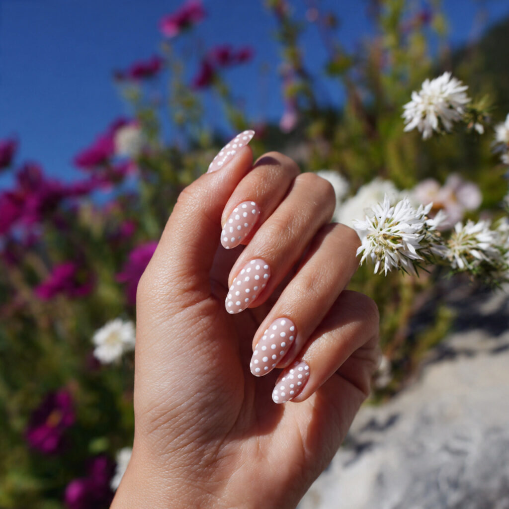 attractive minimal dot almond nails with outdoor b 1