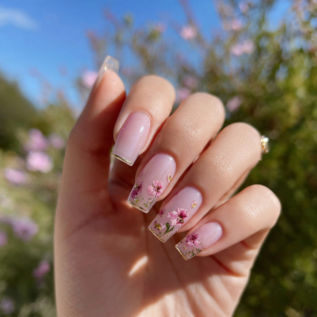 Nail Inspo Summer 2026: Fresh, Glowy & Totally Addictive Looks 7 attractive minimal floral nails with outdoor backg