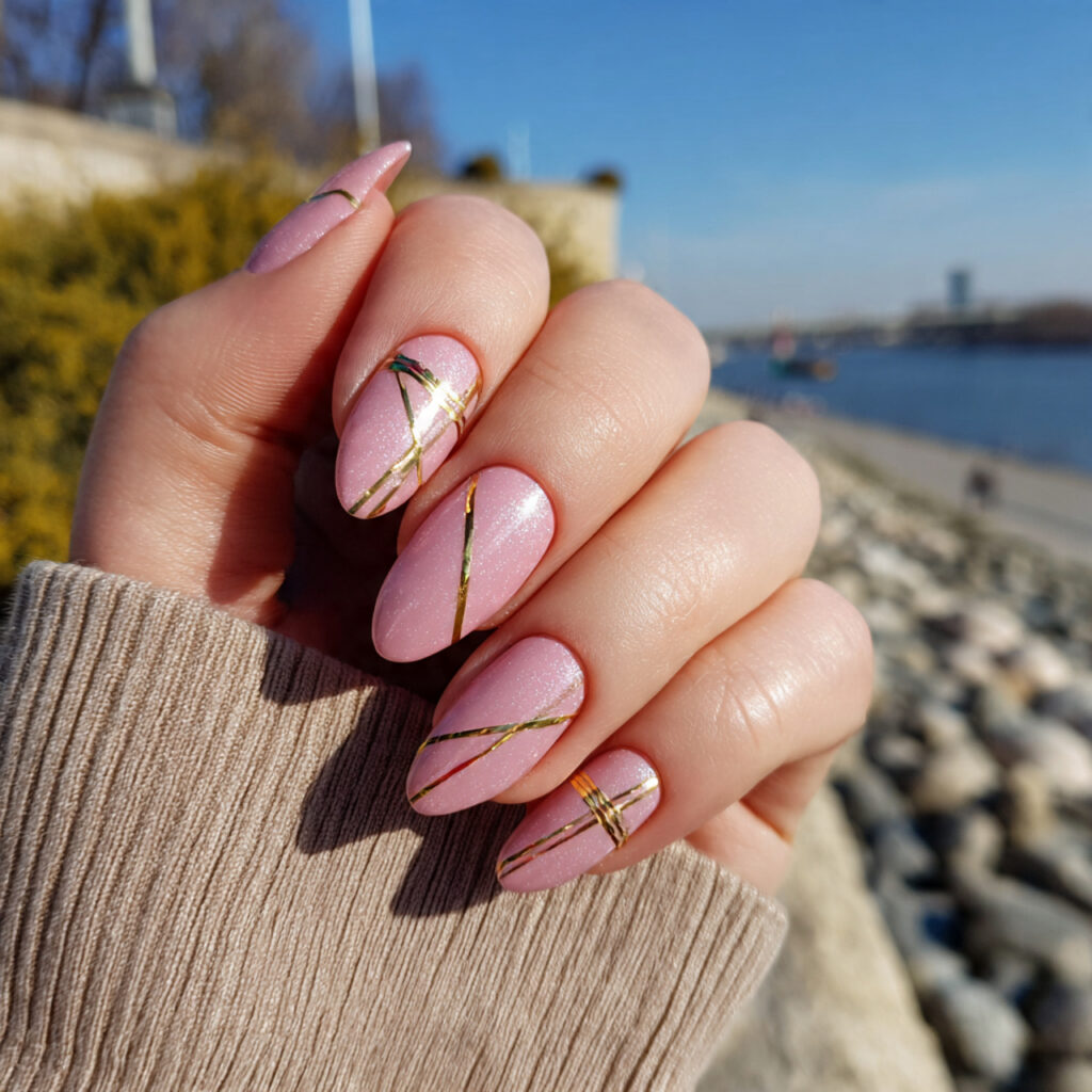 Nail Inspo January: Cozy, Fresh Nail Ideas to Start the Year Beautifully 9 attractive minimal gold line nails with outdoor ba
