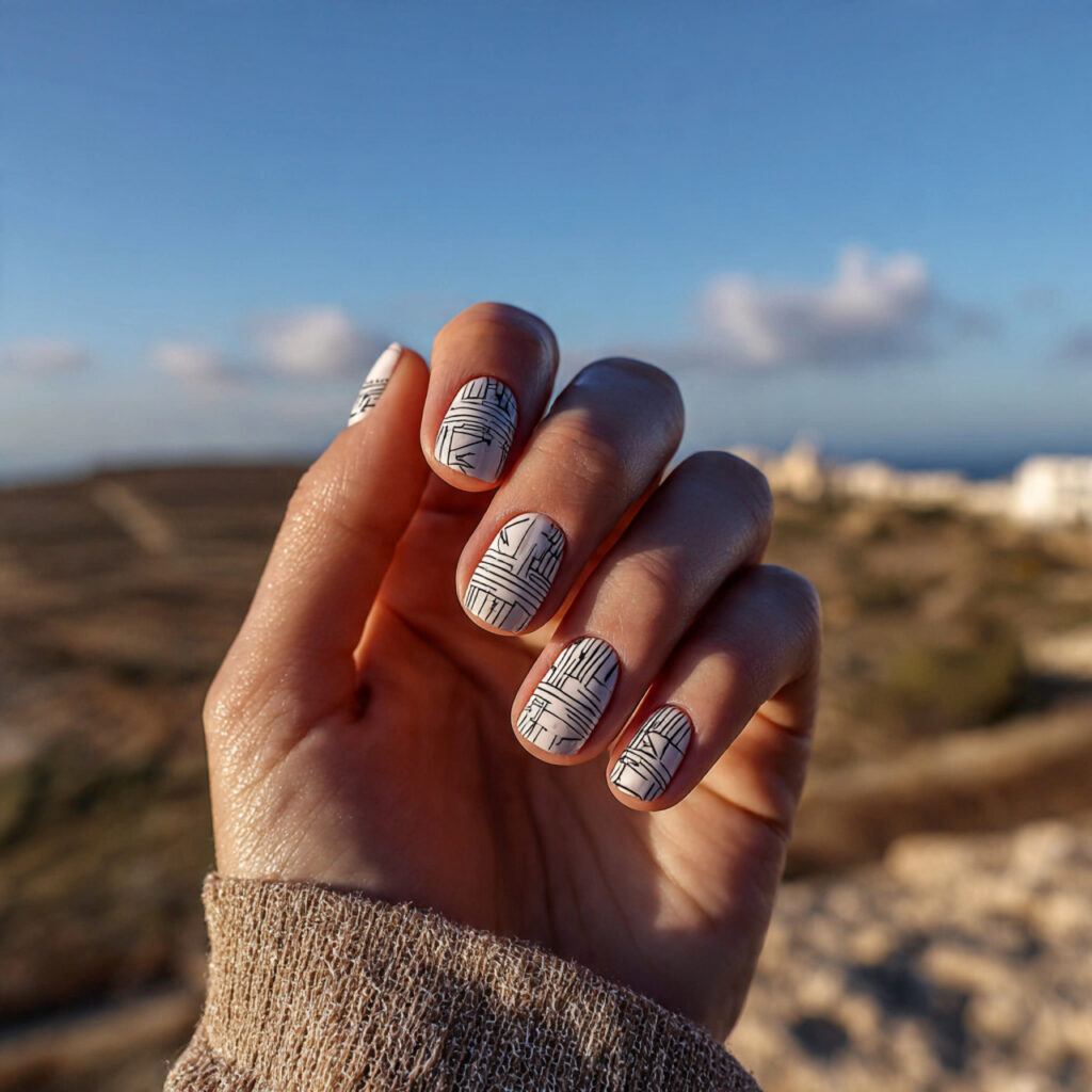 attractive minimal line art on squoval short nails