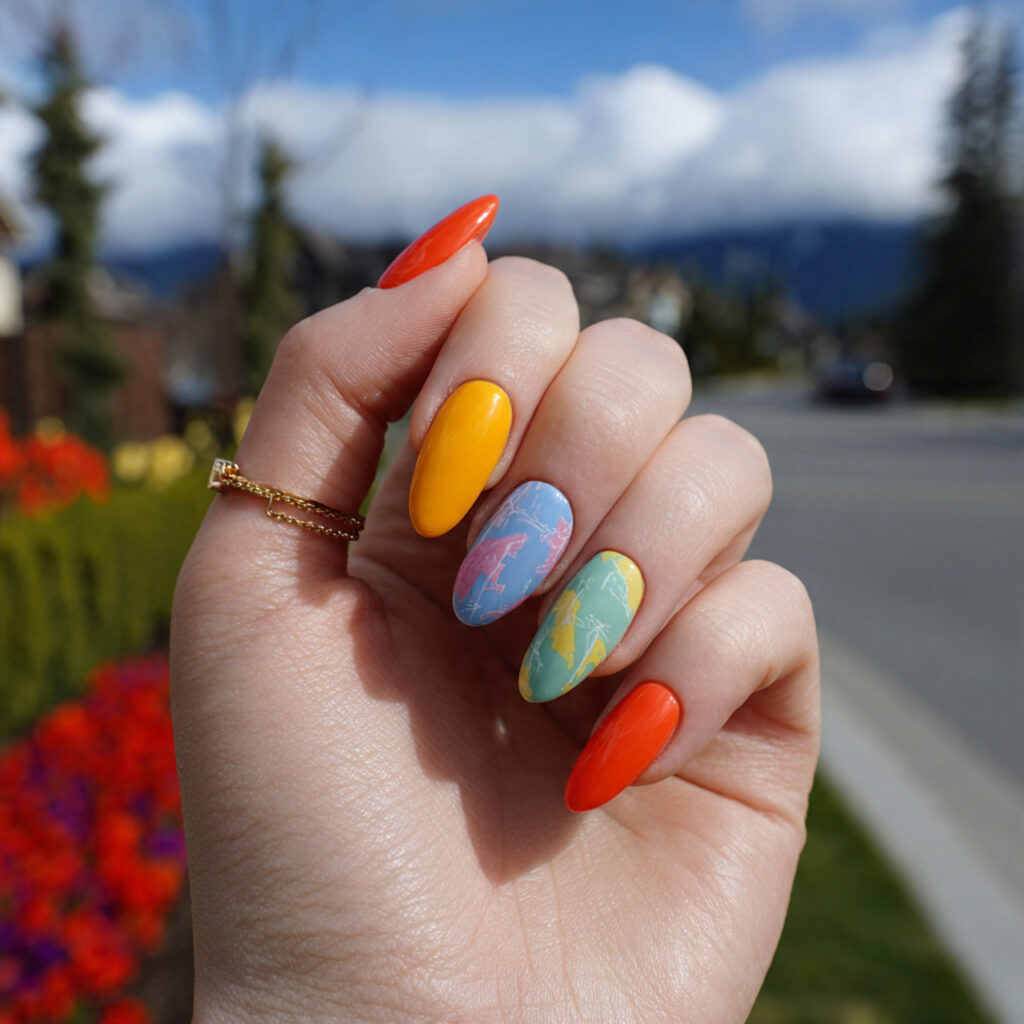 attractive mismatched color pop nails with outdoor
