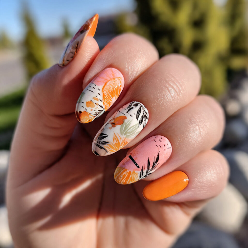 attractive mix match almond nails with outdoor bac