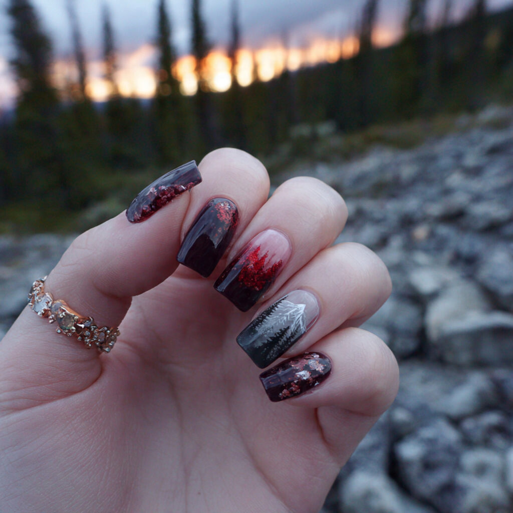 attractive mix match dark nails with outdoor backg