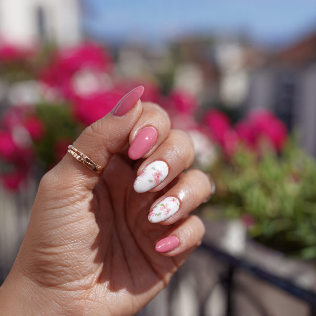 attractive mix match pink white nails with outdoor