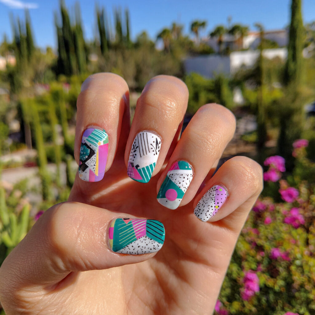 attractive mixed pattern funky short nails with ou