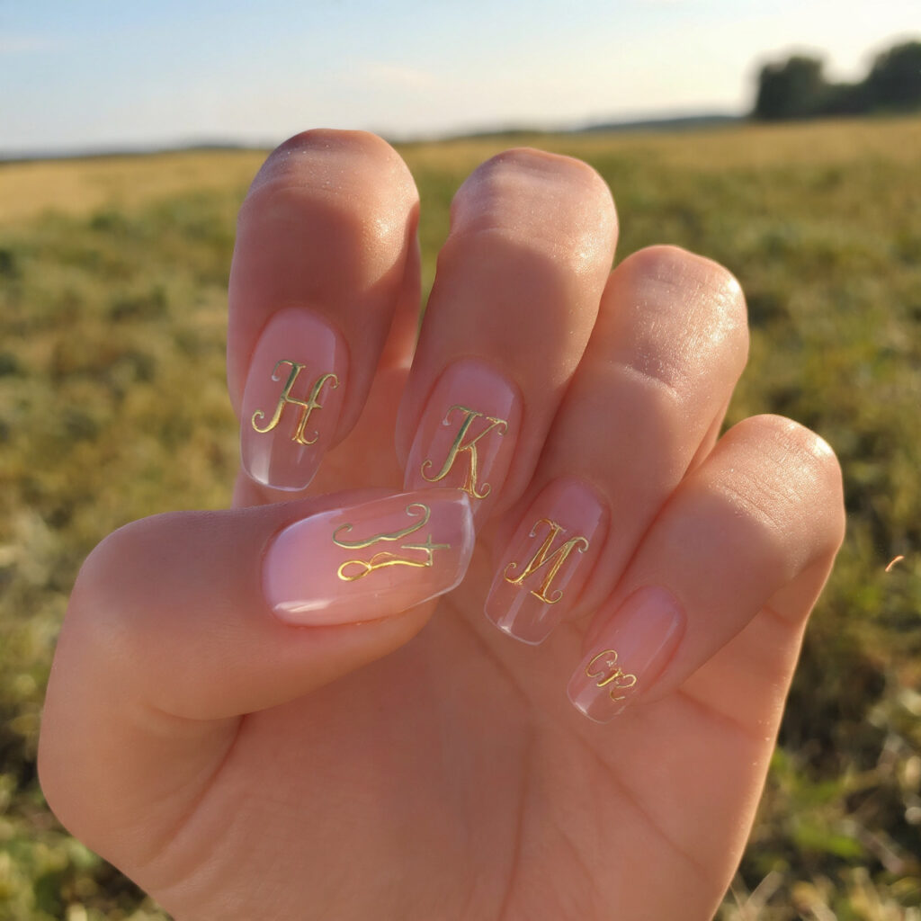 Nail Inspo with Initial: Personal, Pretty & Totally Your Vibe 1 attractive nails with gold initial with outdoor ba