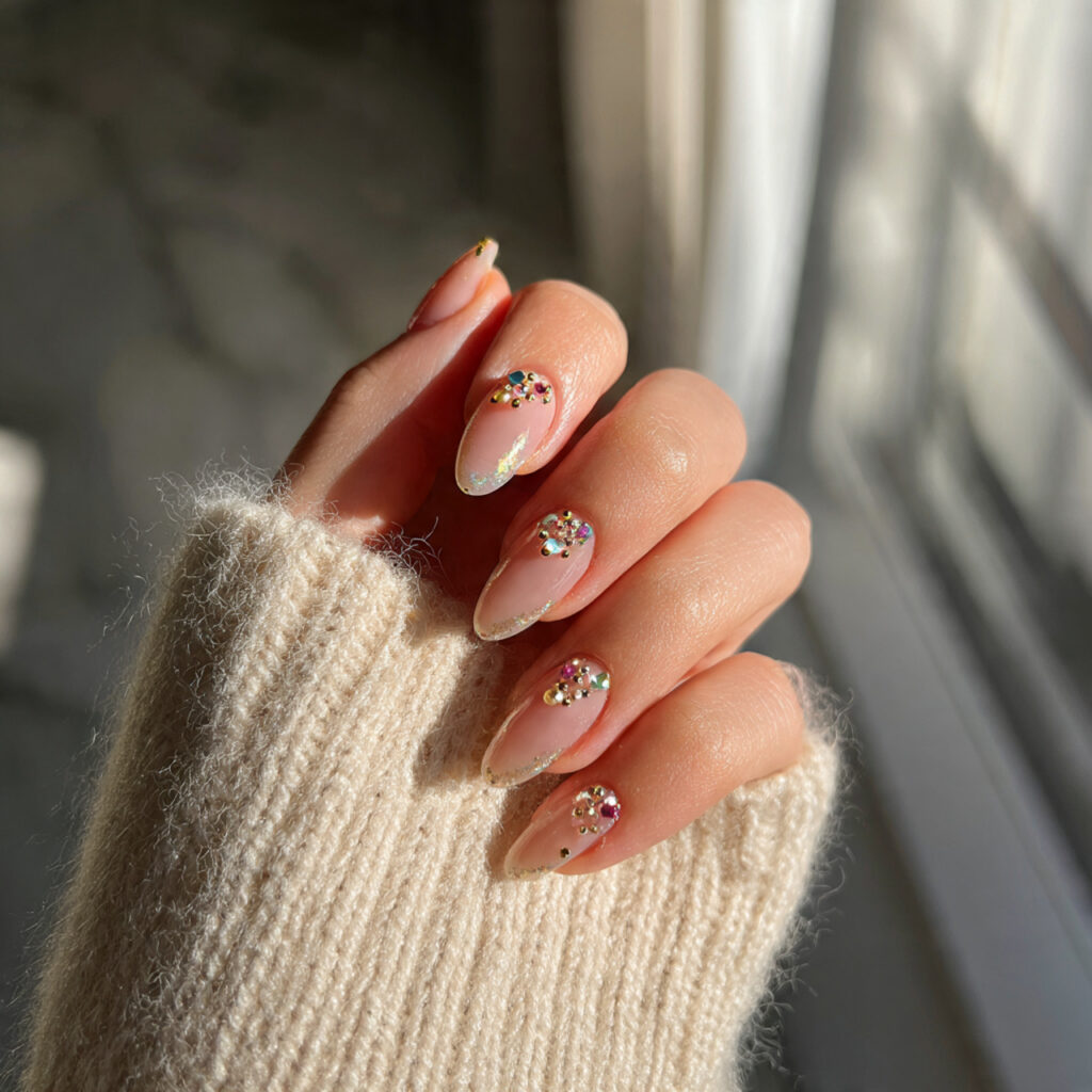 Short Nails Spring: Fresh, Soft & Effortlessly Pretty Ideas 9 attractive nails with tiny gems with outdoor backg