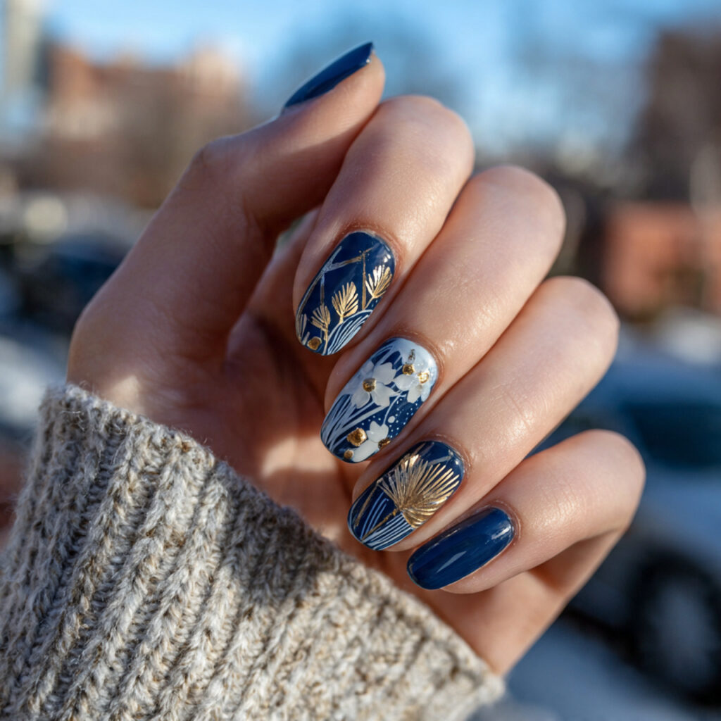 Nail Inspo Navy Blue: 14 Chic & Dreamy Designs You’ll Love 9 attractive navy abstract nails with outdoor backgr