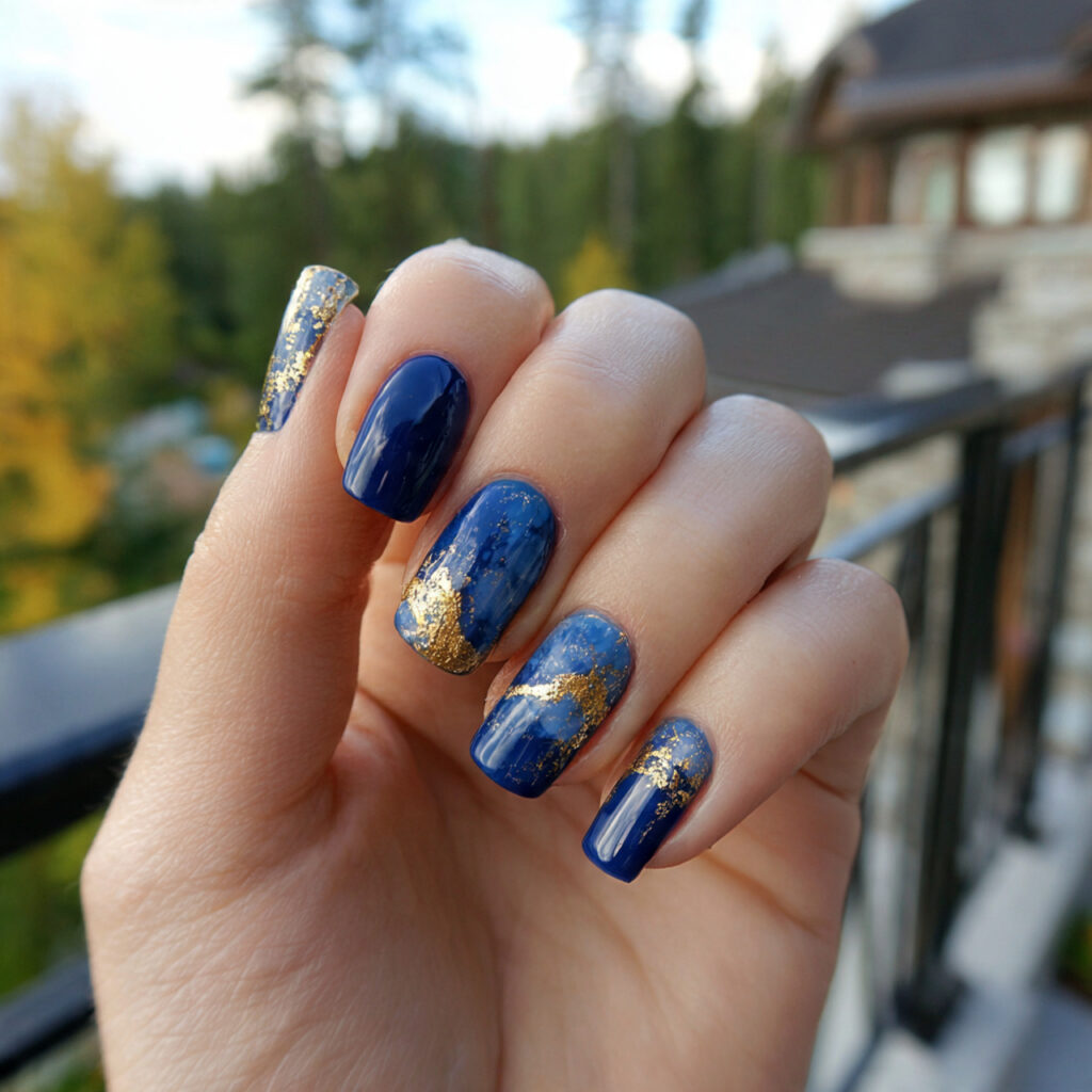 Nail Inspo Navy Blue: 14 Chic & Dreamy Designs You’ll Love 11 attractive navy and gold accent nails with outdoor