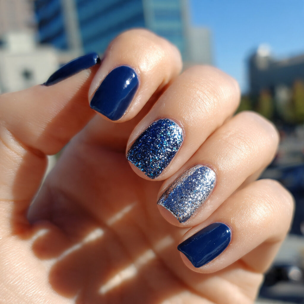 Nail Inspo Navy Blue: 14 Chic & Dreamy Designs You’ll Love 6 attractive navy blue glitter accent nails with out