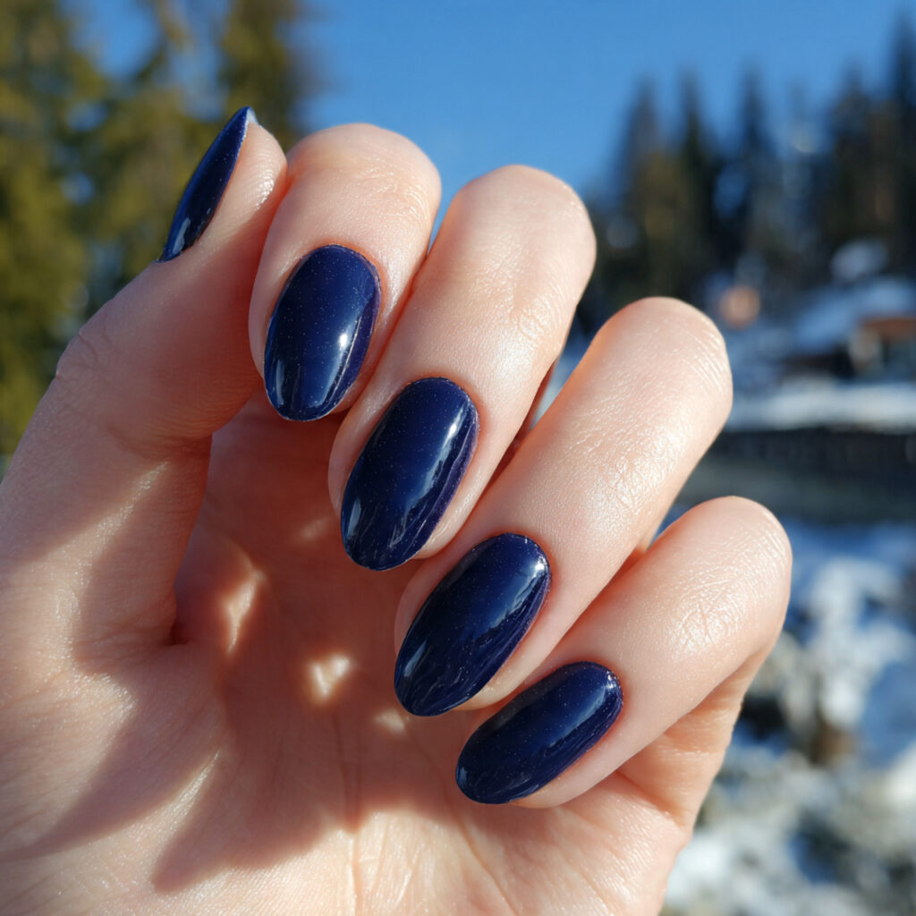 Nail Inspo Navy Blue: 14 Chic & Dreamy Designs You’ll Love 1 attractive navy blue gloss nails with outdoor back