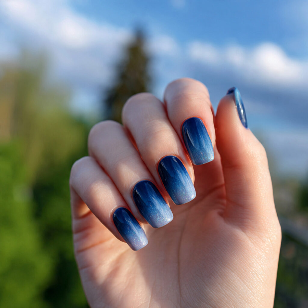 Nail Inspo Navy Blue: 14 Chic & Dreamy Designs You’ll Love 2 attractive navy blue ombre nails with outdoor back