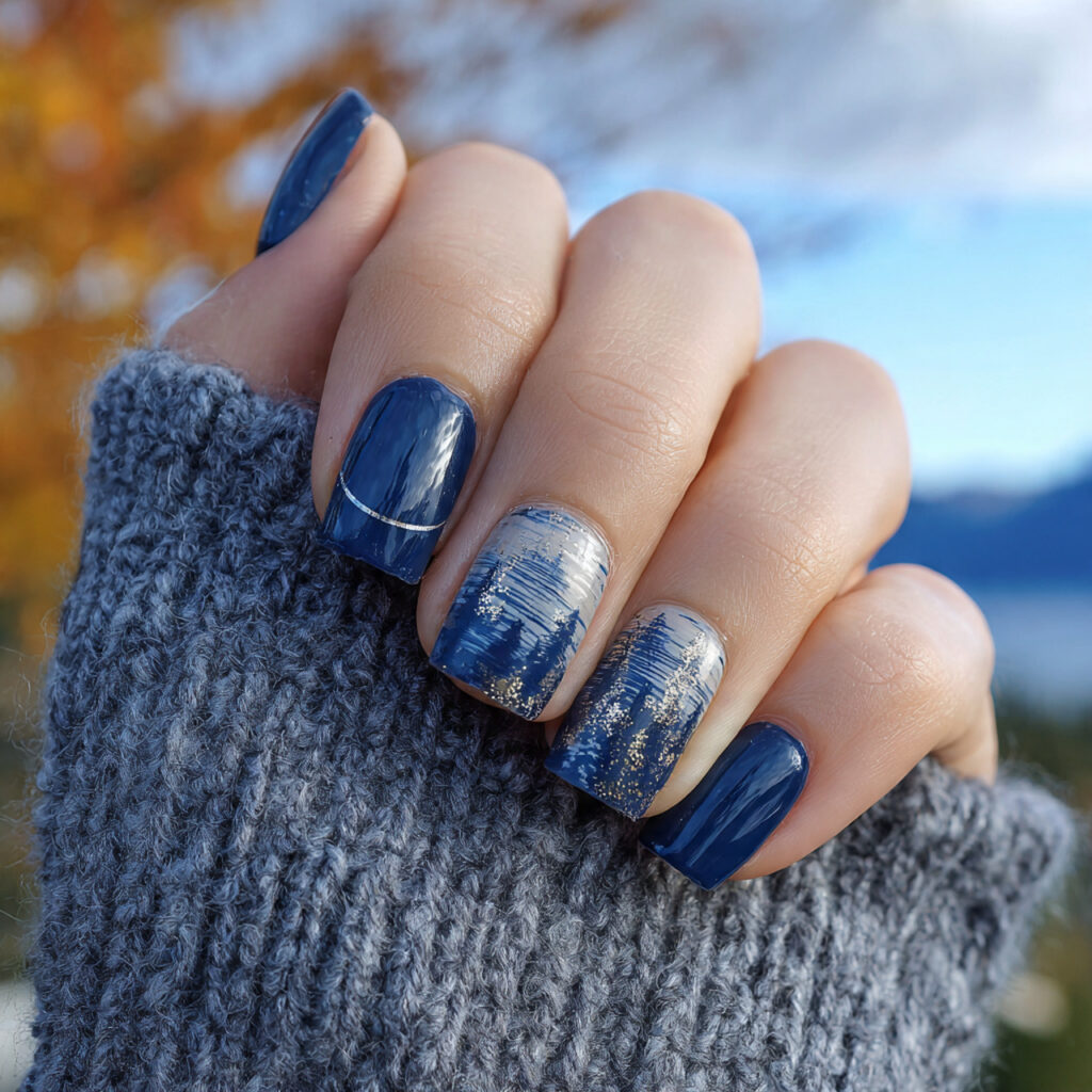 Short Nails Winter: Cozy, Chic & Effortlessly Cute 8 attractive navy blue winter nails with outdoor bac