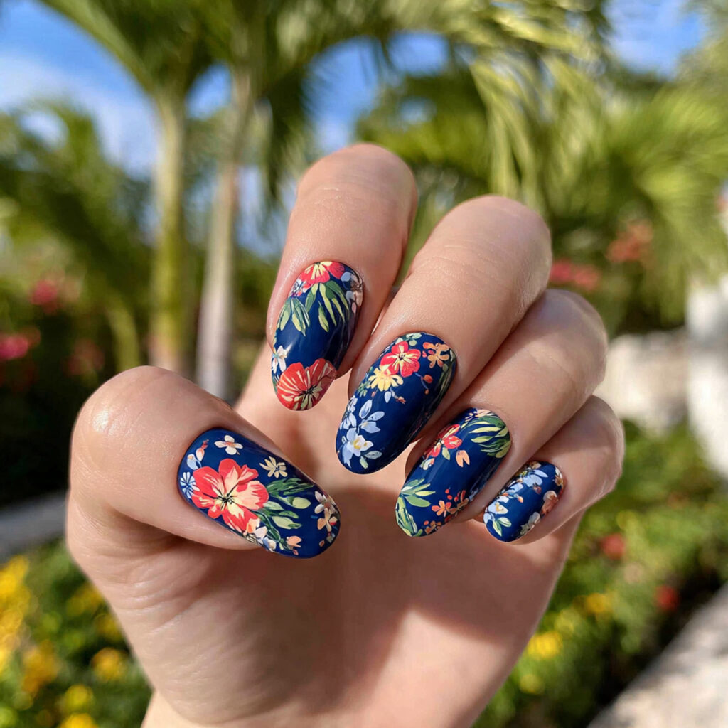 Nail Inspo Navy Blue: 14 Chic & Dreamy Designs You’ll Love 12 attractive navy floral nails with outdoor backgrou