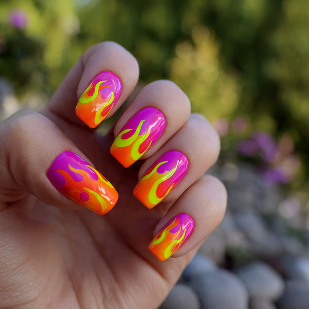 attractive neon flame short nails with outdoor bac
