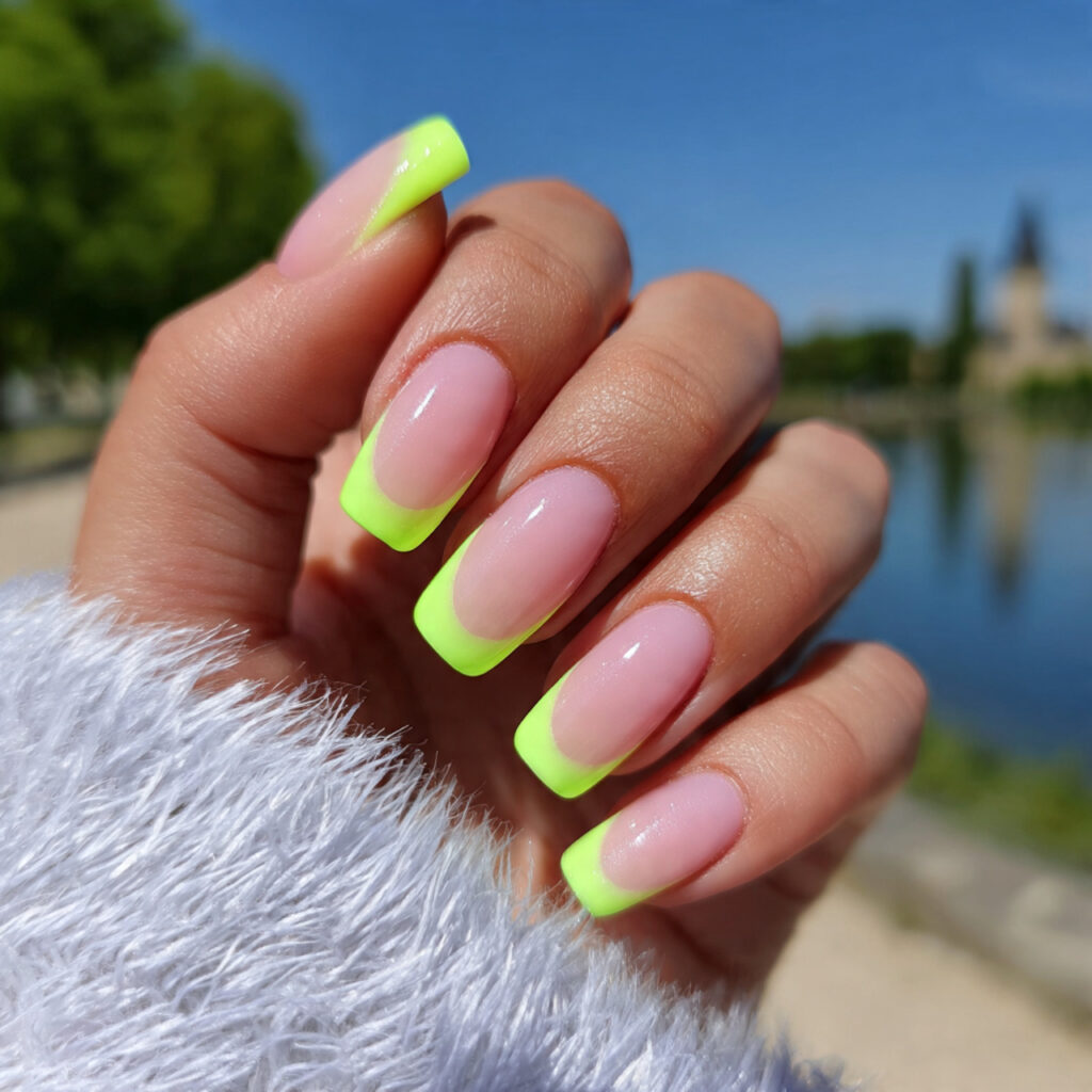 attractive neon french tip short nails with outdoo 1